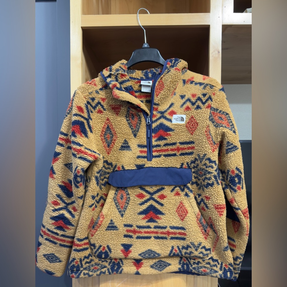 The North Face  Patterned Fleece Hoodie - Tan and Blue